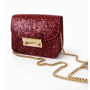 Furla Red Glitter Mini Crossbody Bag Gold Chain Evening Purse